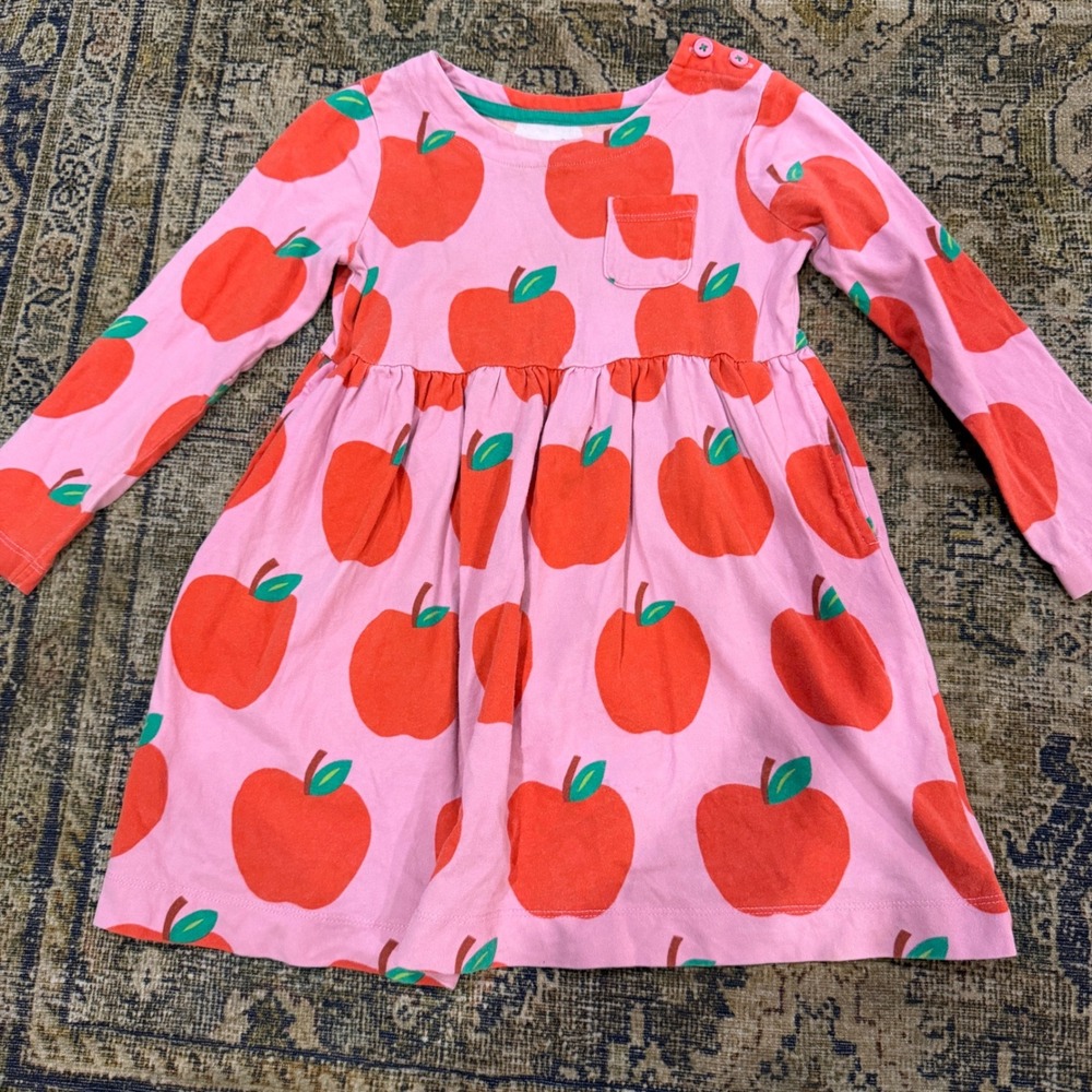 Mini Boden Girls Pink Red Apple Print Long Sleeve Jersey Dress 3-4Y 104cm